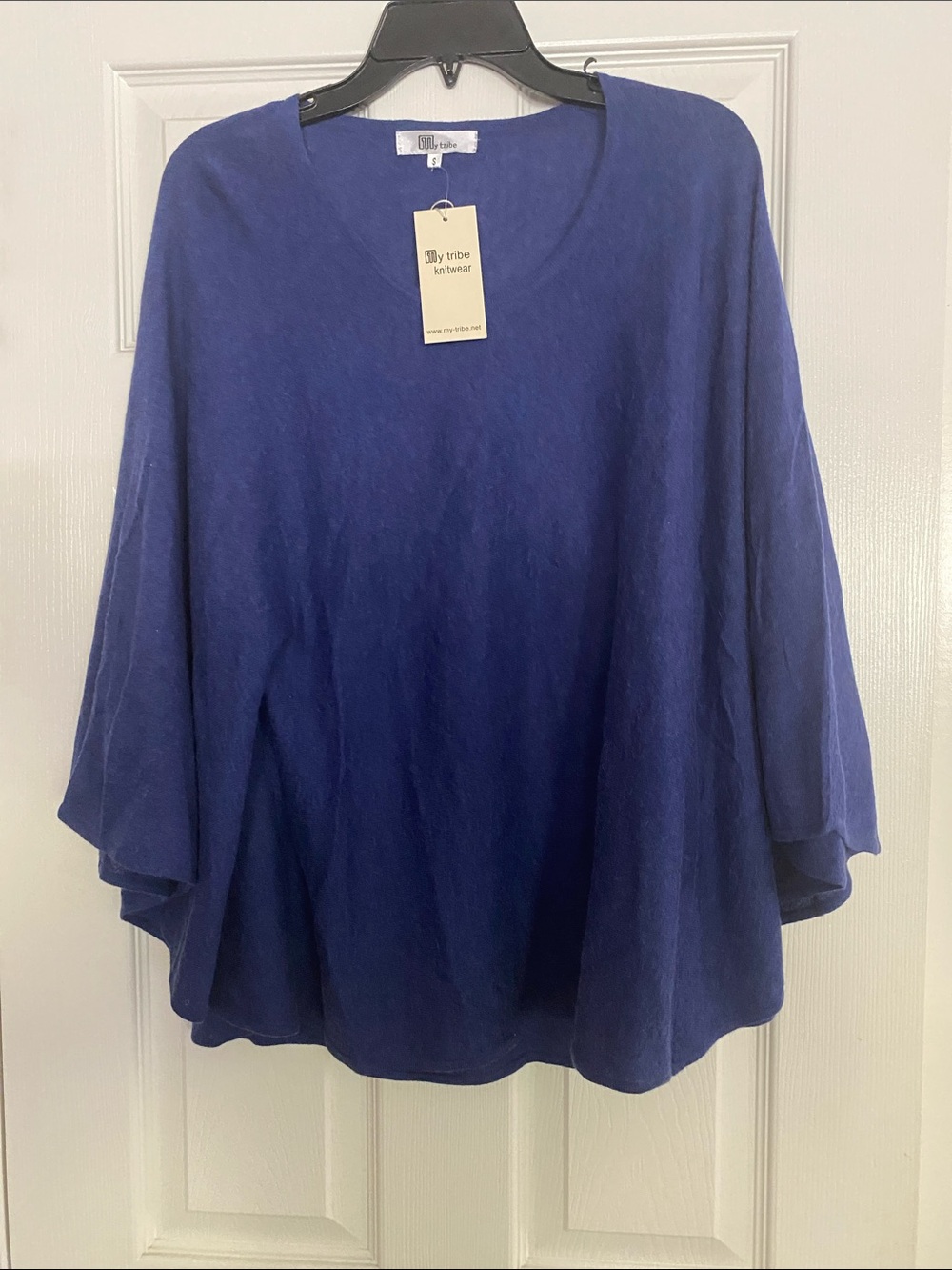 My Tribe Navy Blue Draped Bat Wing Poncho Sweater